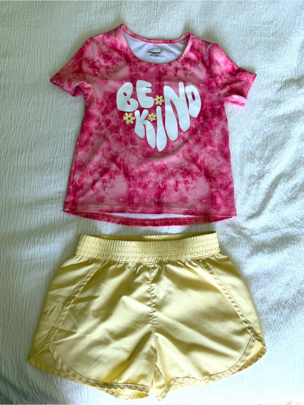 bcg Pink Tie-Dye "Be Kind" Tee and Yellow Shorts Set